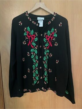 Vtg BP Design Holly Bows Christmas Sweater Cardigan EUC Size XL